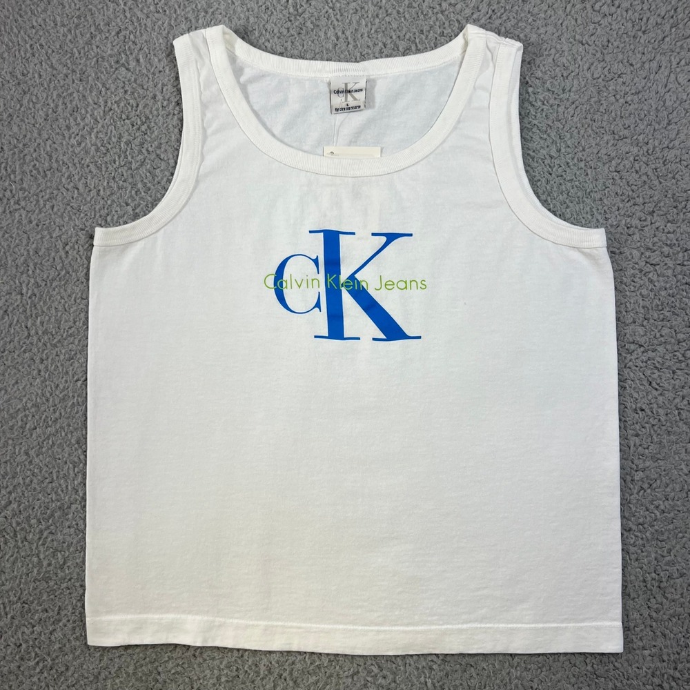 Calvin Klein Jeans Tank Top Women L White Logo Graphic‎ Cotton USA Made VTG NWT